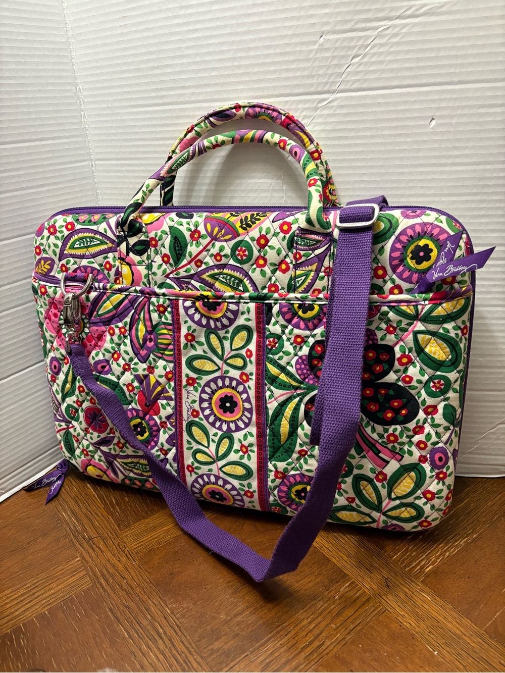 Vera Bradley Quilted Floral Laptop Tote in Purple and Green.